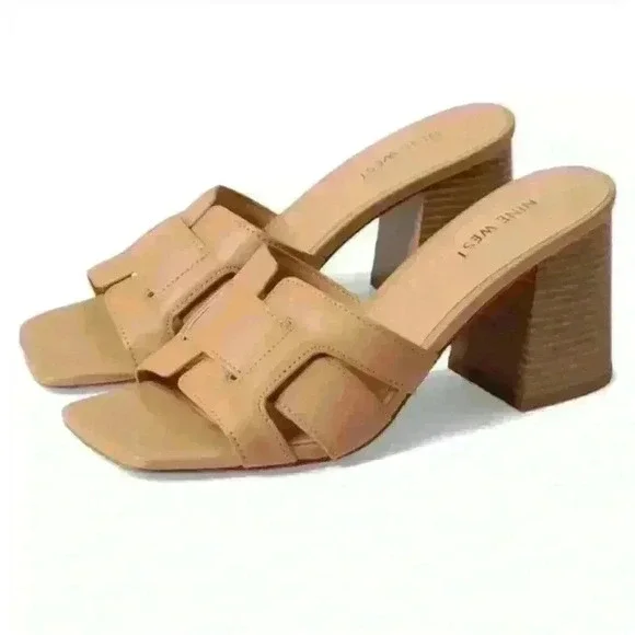 NINE WEST Kindee 3 Block Heeled Slide Sandal Square Toe in New Natural Size 4.5 - Picture 1 of 6